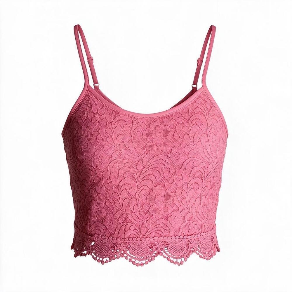 Ambiance Pink Lace Crop Top Women's Small Floral Cami Crochet Fringe Coquette
